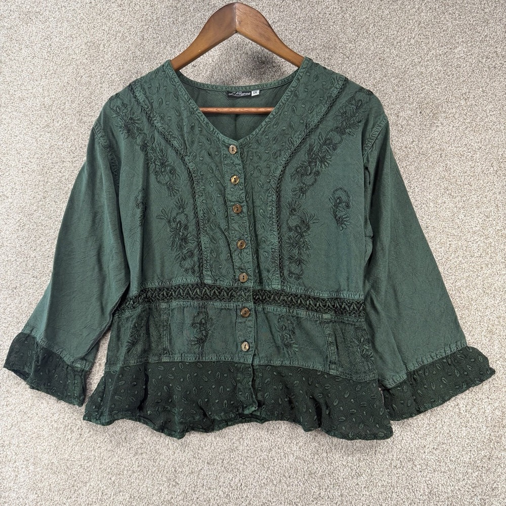 Lapogee Cropped Green Top 1X Indie Embroidered Shirt Hippie Fairy Boho Festival